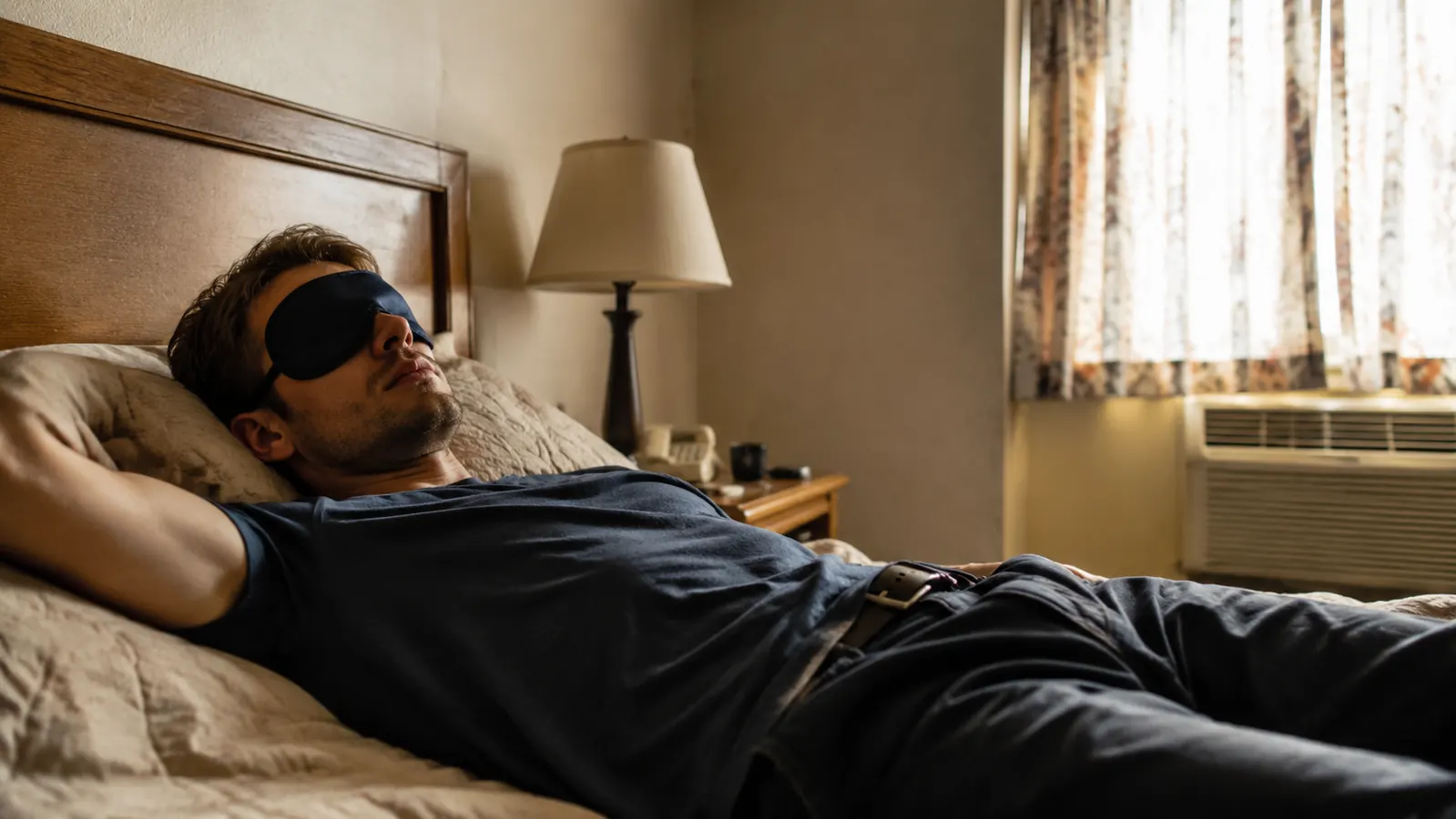 Person lying in a bright motel room with sunlight pouring through thin curtains, wearing a blackout sleep mask, appearing restful