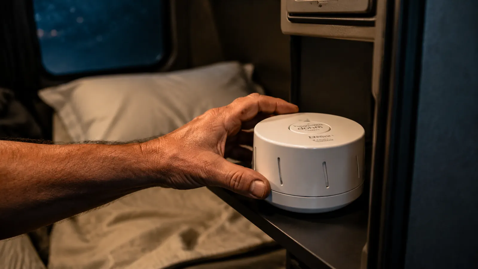 Hand placing the Yogasleep Dohm on a truck cab sleeping bunk shelf