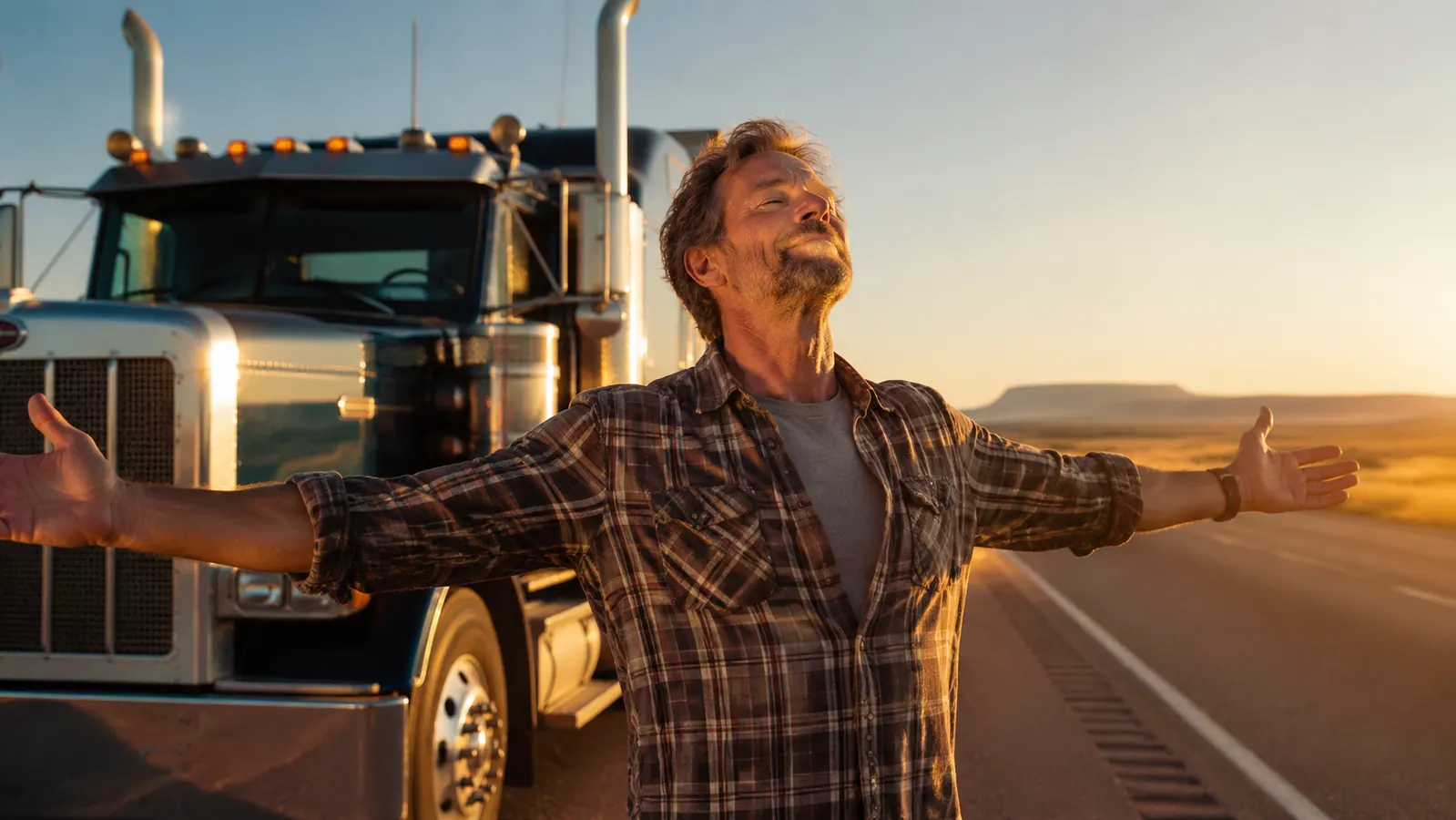 Trucker stretching refreshed outside a truck stop at sunrise after a solid night of sleep