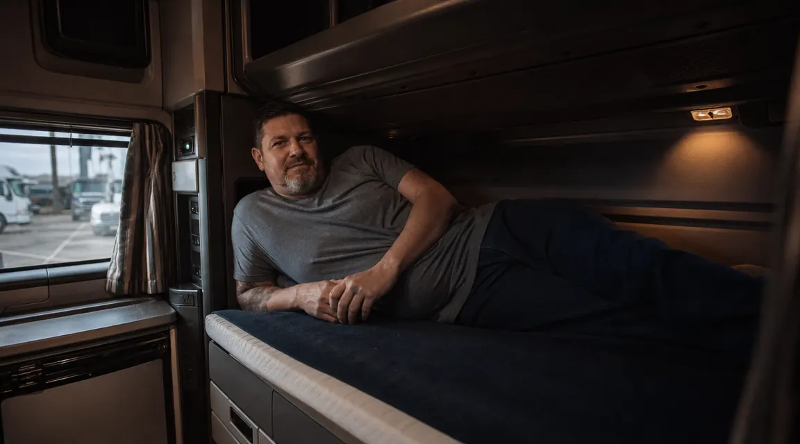 Long-haul truck sleeper cab with a foam mattress topper on the bunk bed, overhead storage visible