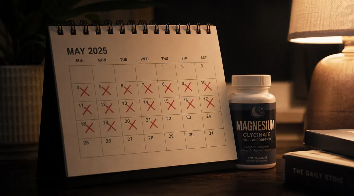 Calendar with days crossed off and a supplement bottle, representing a three-week waiting period