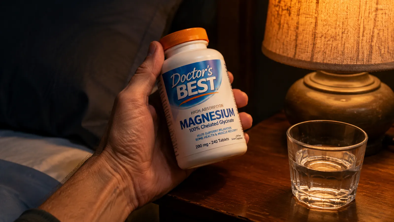 Hand holding a white supplement bottle of Doctor's Best Magnesium Glycinate next to a glass of water on a nightstand