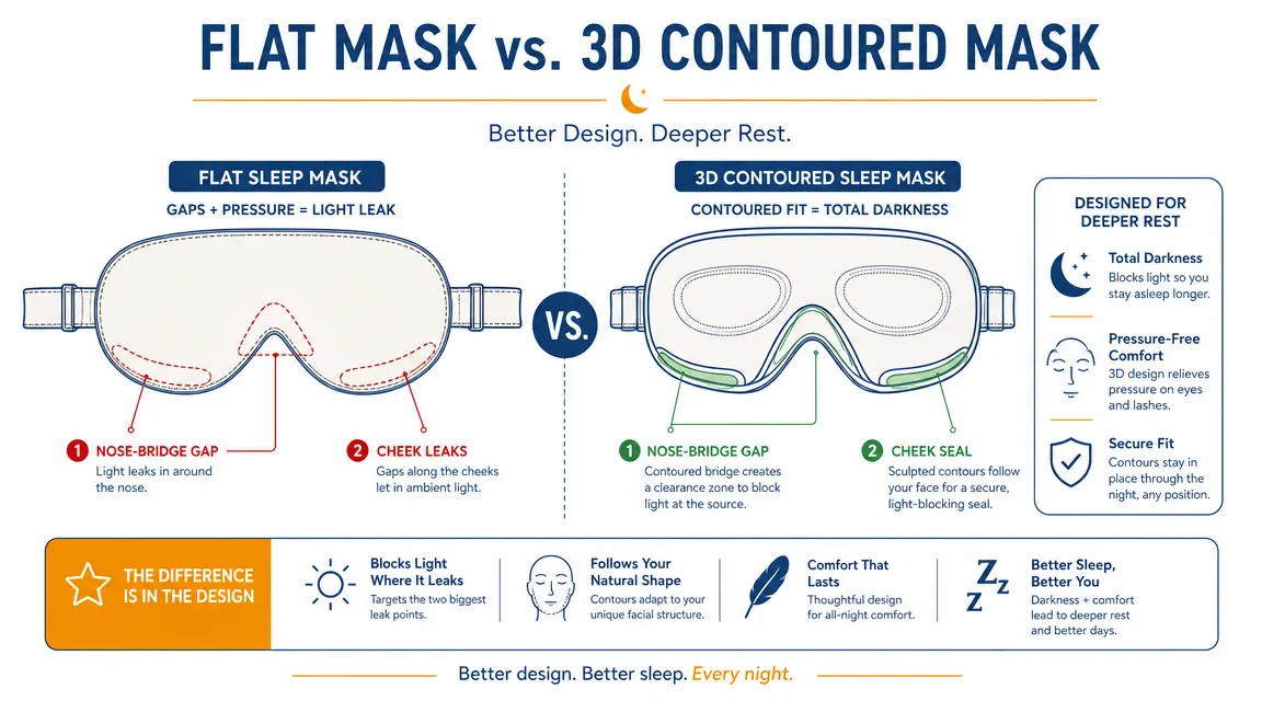 Side-by-side comparison chart showing light leakage zones for flat mask versus 3D contoured mask