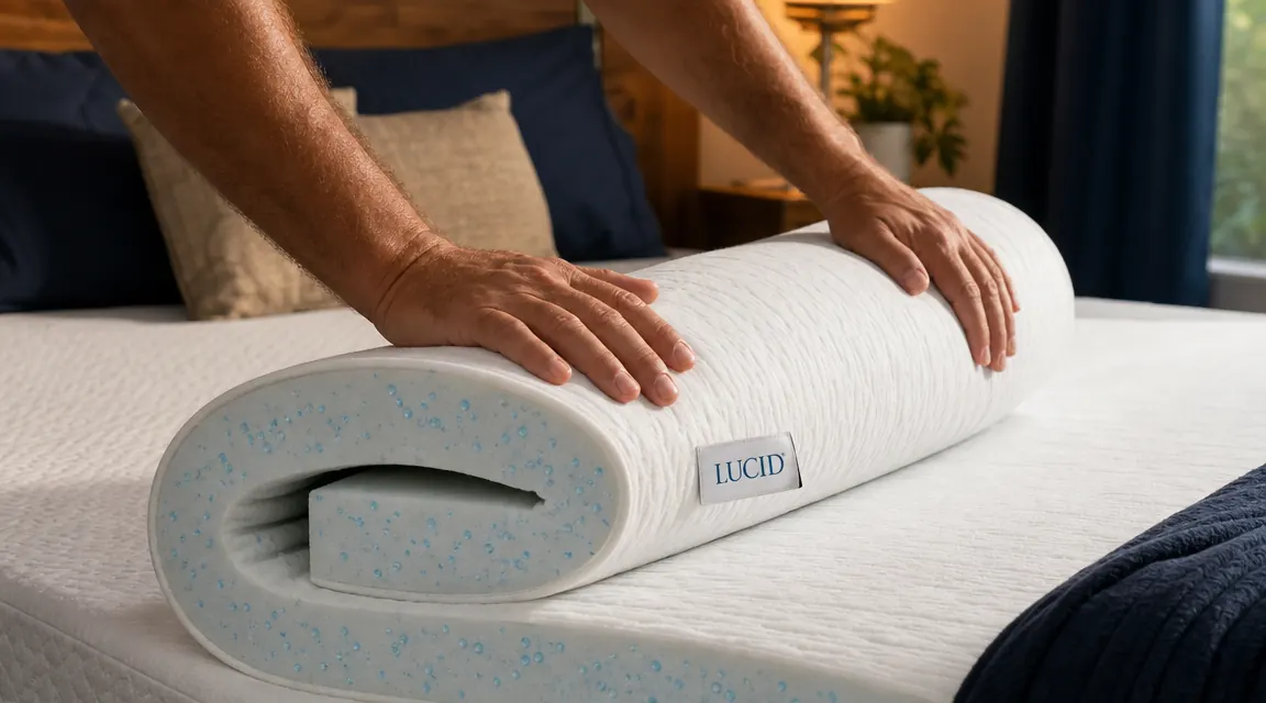 LUCID gel memory foam topper being unrolled and laid on top of a bare mattress