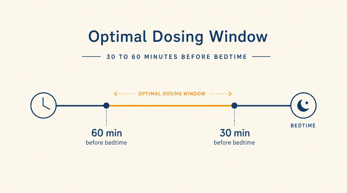 Chart showing magnesium glycinate timing window: take 30 to 60 minutes before bed, labeled with clock icons