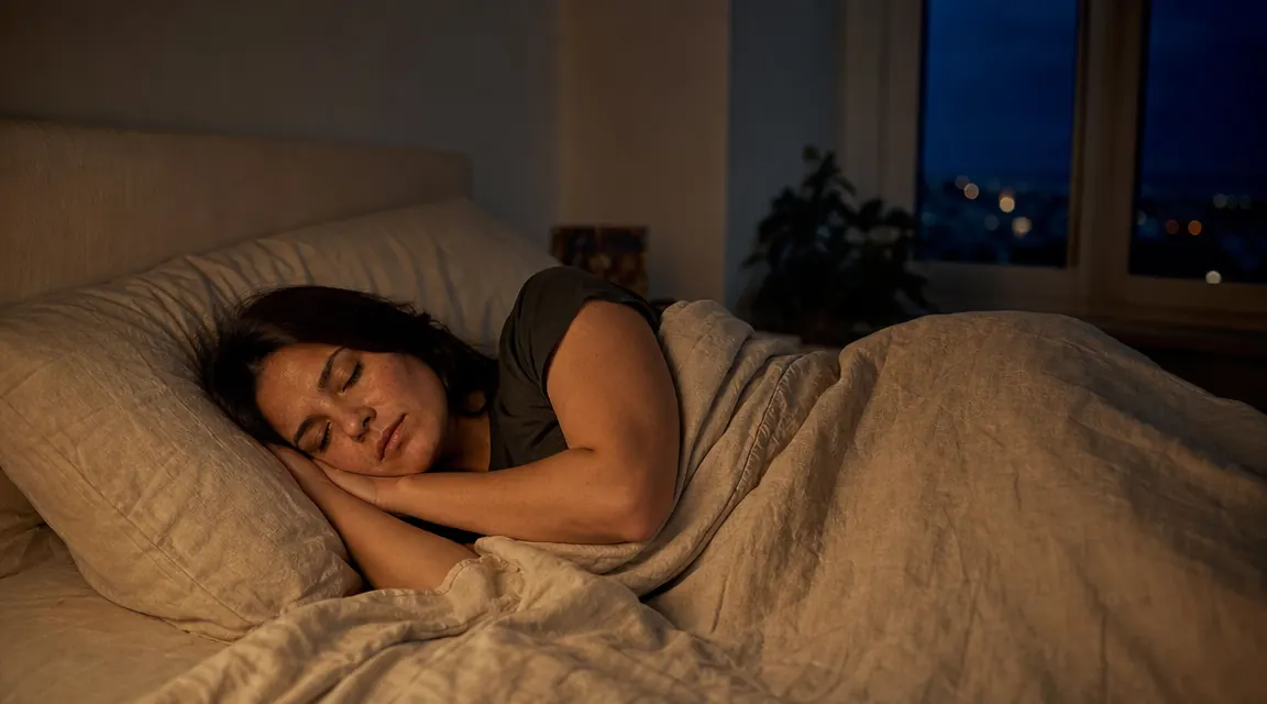 Person lying on a made bed with eyes closed, arms relaxed at sides, bedroom window dark showing nighttime