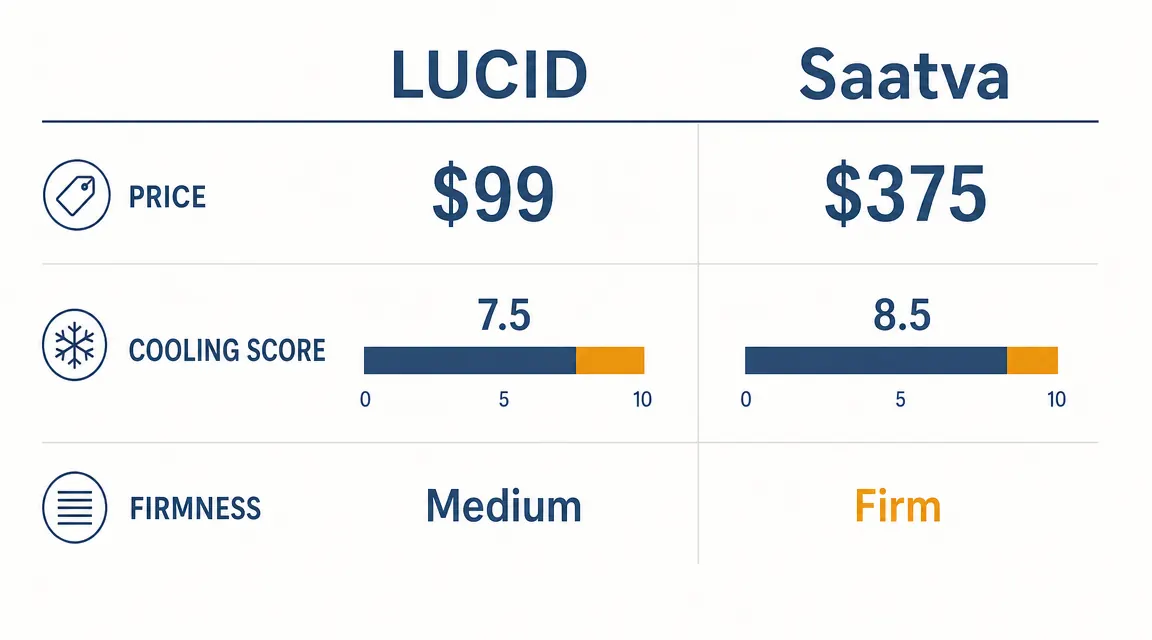 Bar chart comparing LUCID and Saatva topper prices, cooling performance rating, and weight categories