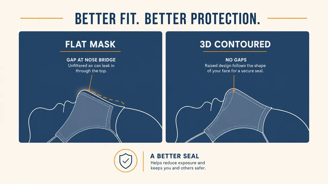 Side-by-side diagram showing nose gap light bleed on a flat mask versus sealed coverage on the MyHalos 3D contoured mask