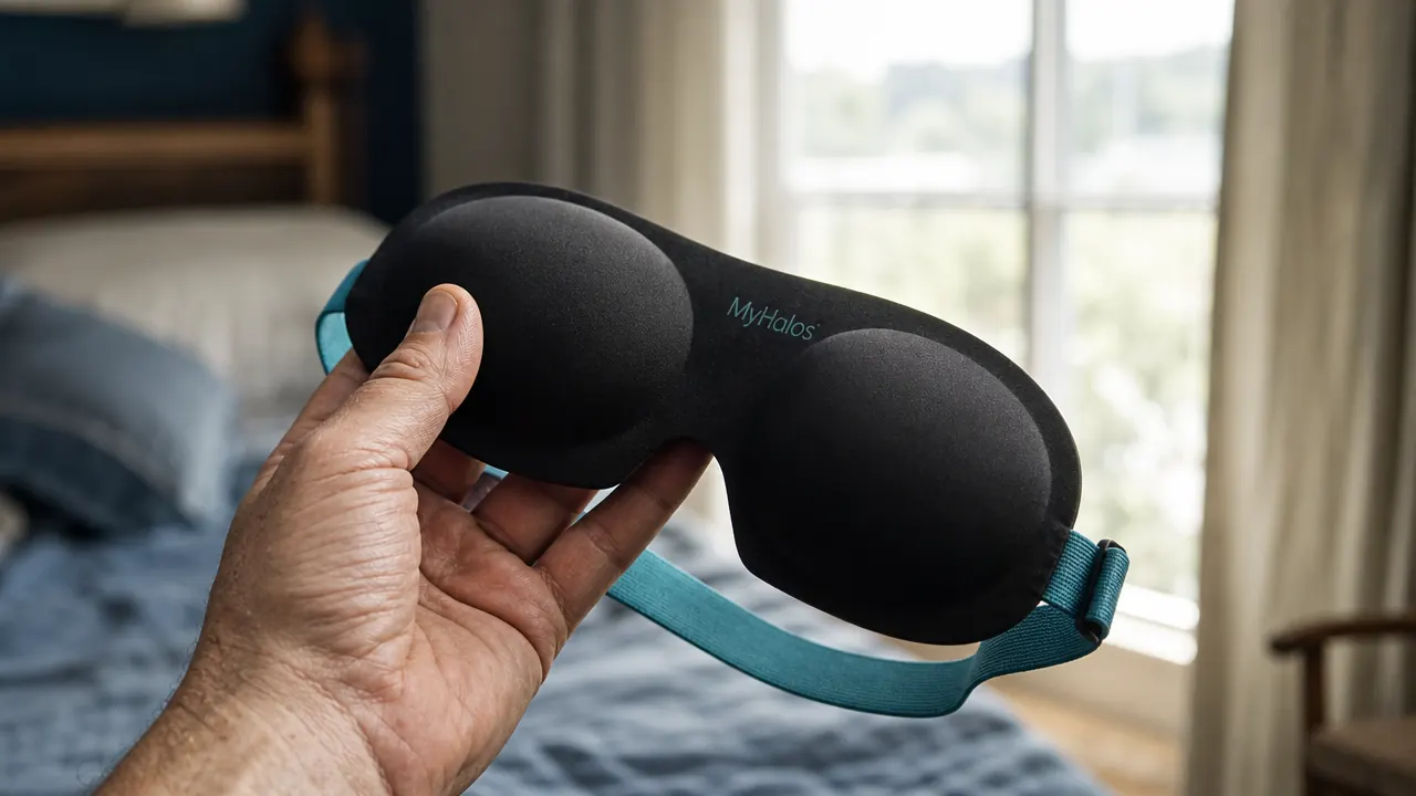 Hand holding the MyHalos 3D blackout sleep mask up to show the contoured eye cups and soft nose bridge