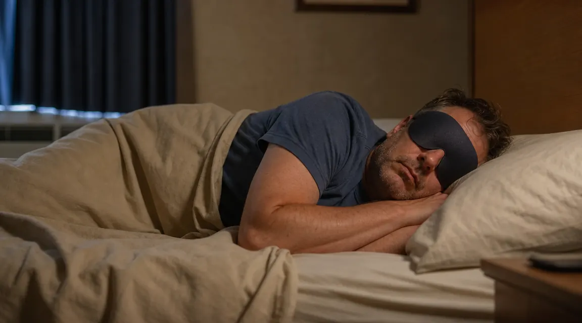 Man sleeping in a motel bed with a sleep mask on, blackout curtains in background, peaceful expression
