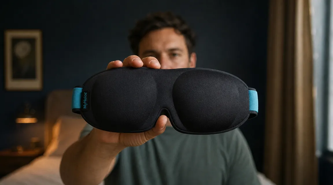 Close-up of the MyHalos 3D sleep mask showing the contoured eye cup design and adjustable strap
