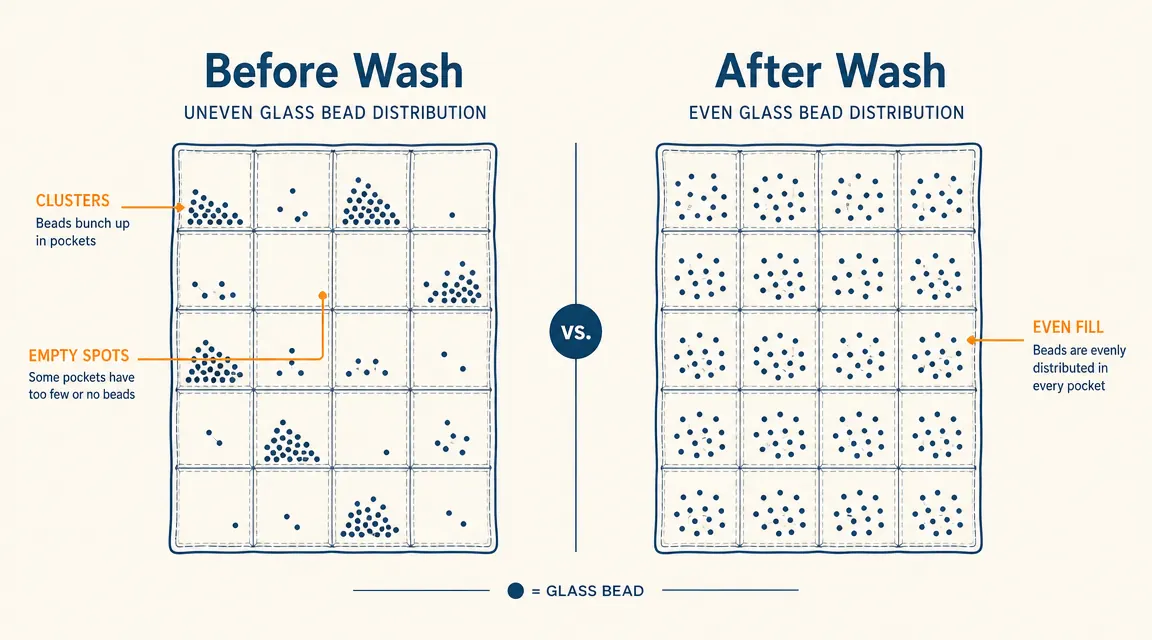 Diagram showing glass bead distribution inside weighted blanket pockets before and after washing