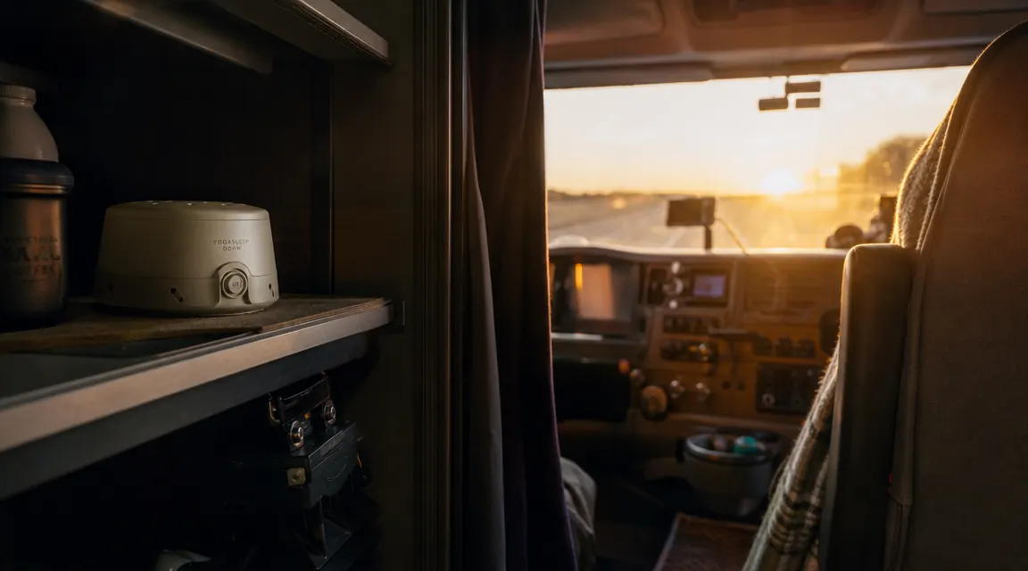 Yogasleep Dohm Classic next to a semi truck side mirror at dawn, suggesting travel use