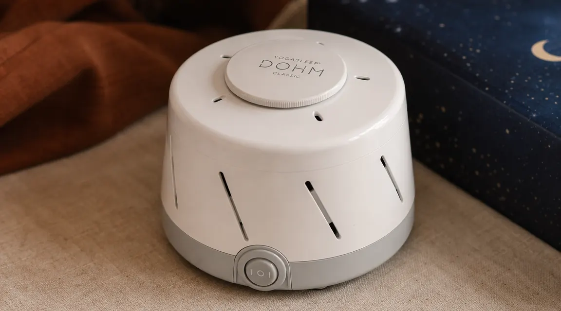 Close-up of the Yogasleep Dohm Classic showing the two-cap twist mechanism and ventilation slots