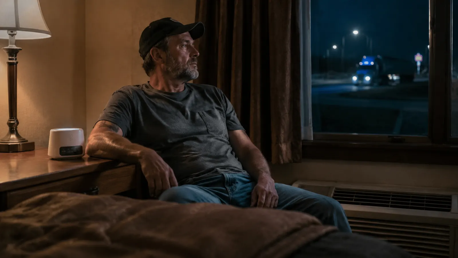 Trucker sitting in a motel room at night with a white noise machine running on the dresser, road gear on the bed